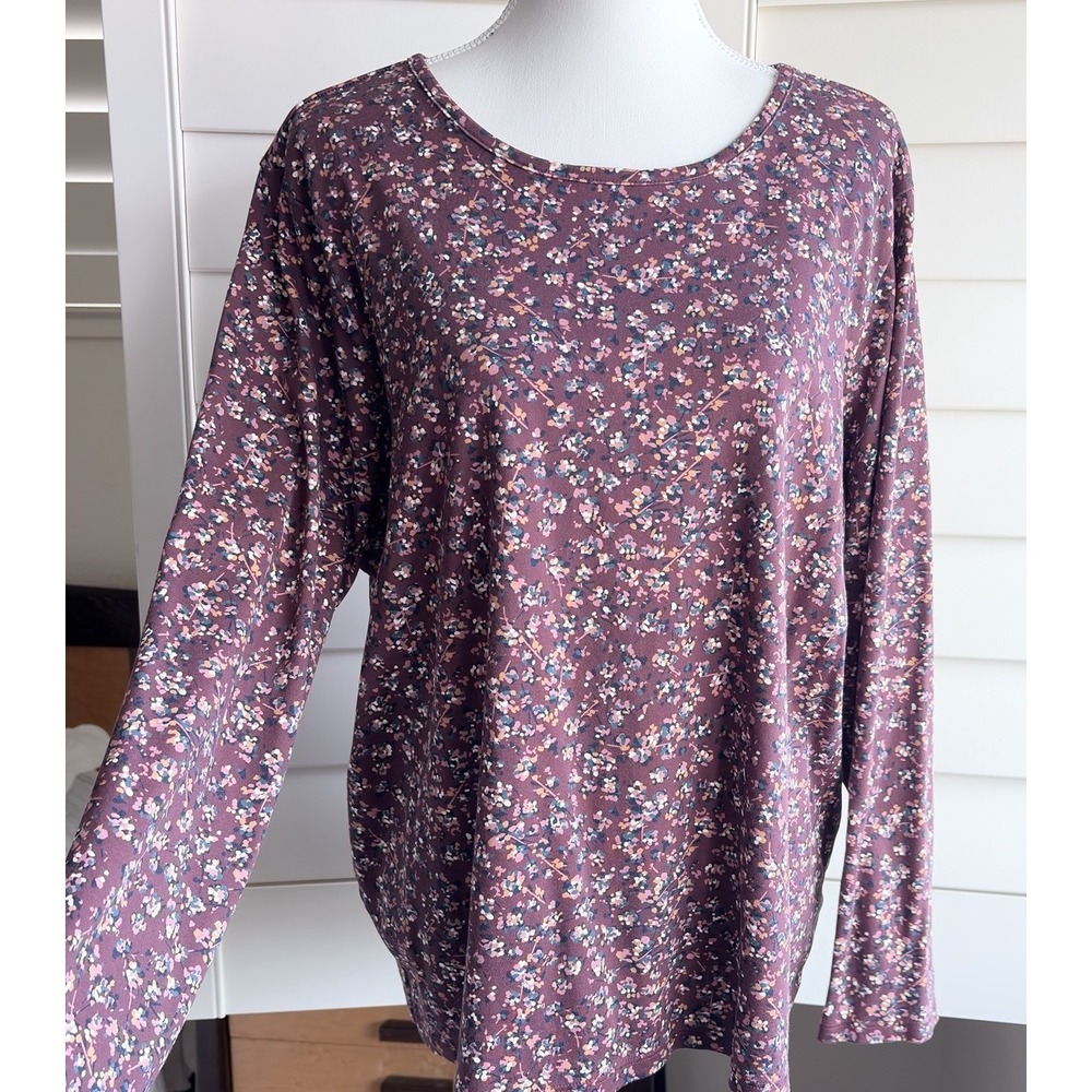 L.L.Bean Womens 2X Plus Supima Cotton Floral Long Sleeve Shirt Burgundy Boho LS